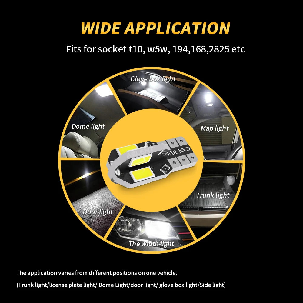 10-Pack W5W T10 LED CANBUS Error-Free 12V 5W 600Lm Ultra Bright Car Interior Side Light, Compatible with 194 3030 SMD, Available in White, Amber, and Red