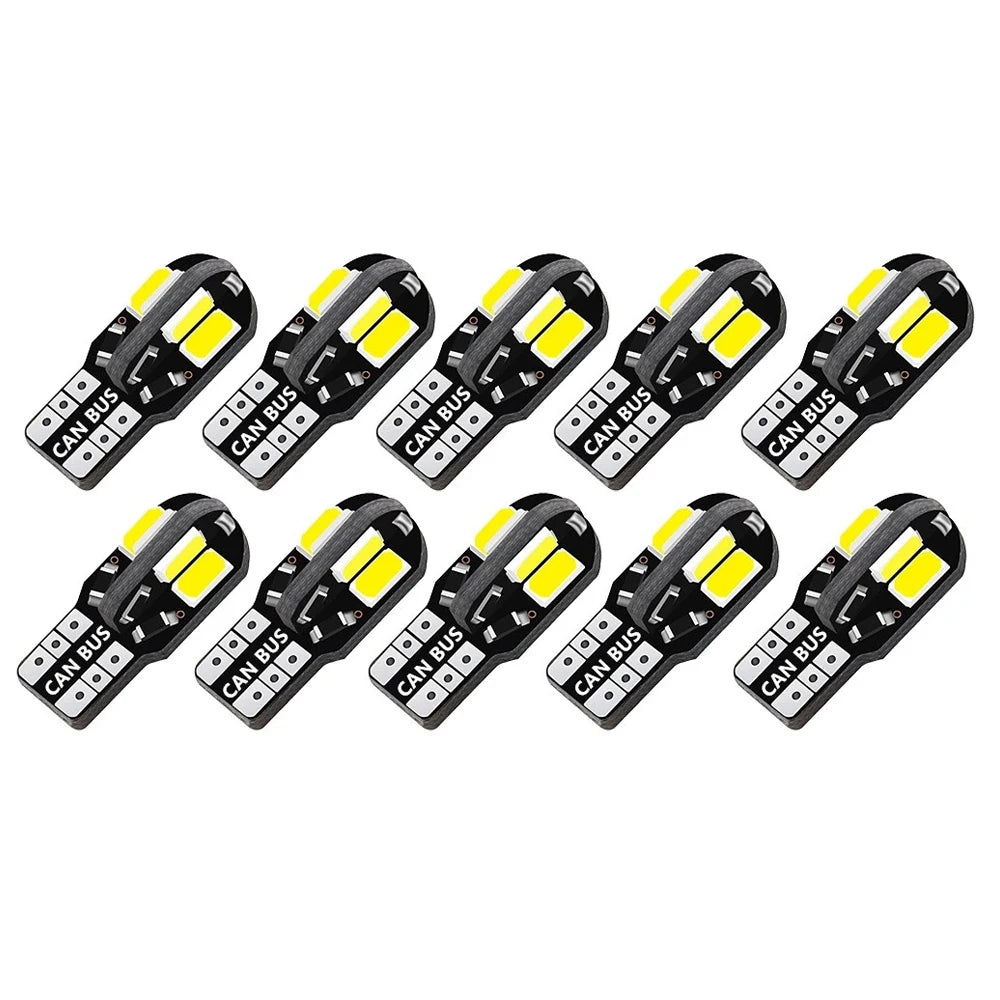 10-Pack W5W T10 LED CANBUS Error-Free 12V 5W 600Lm Ultra Bright Car Interior Side Light, Compatible with 194 3030 SMD, Available in White, Amber, and Red
