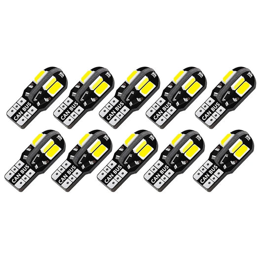 10-Pack W5W T10 LED CANBUS Error-Free 12V 5W 600Lm Ultra Bright Car Interior Side Light, Compatible with 194 3030 SMD, Available in White, Amber, and Red