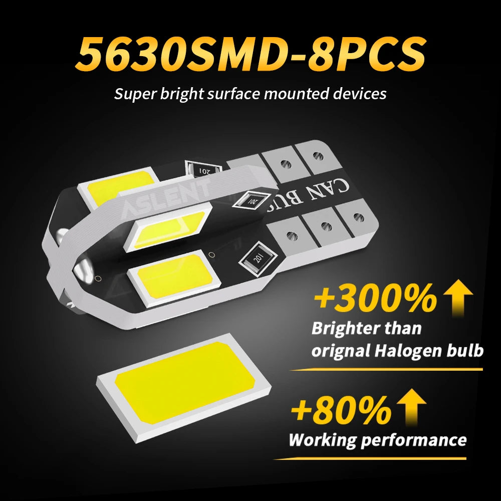 10-Pack W5W T10 LED CANBUS Error-Free 12V 5W 600Lm Ultra Bright Car Interior Side Light, Compatible with 194 3030 SMD, Available in White, Amber, and Red
