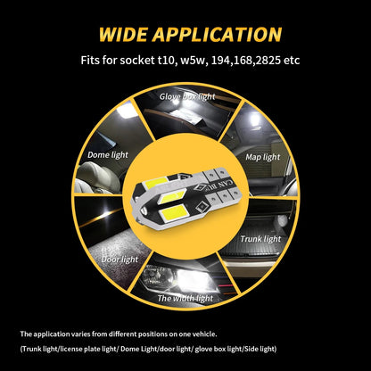 10-Pack W5W T10 LED CANBUS Error-Free 12V 5W 600Lm Ultra Bright Car Interior Side Light, Compatible with 194 3030 SMD, Available in White, Amber, and Red