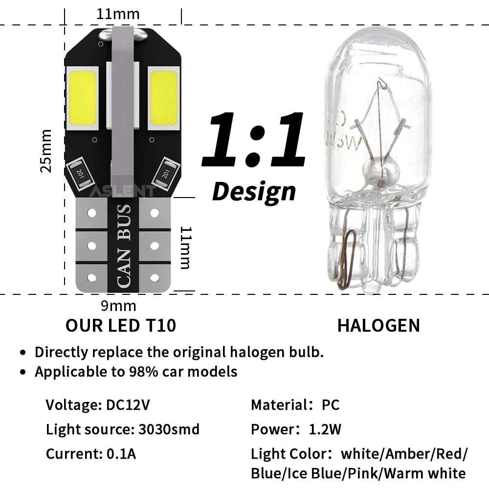 10-Pack W5W T10 LED CANBUS Error-Free 12V 5W 600Lm Ultra Bright Car Interior Side Light, Compatible with 194 3030 SMD, Available in White, Amber, and Red